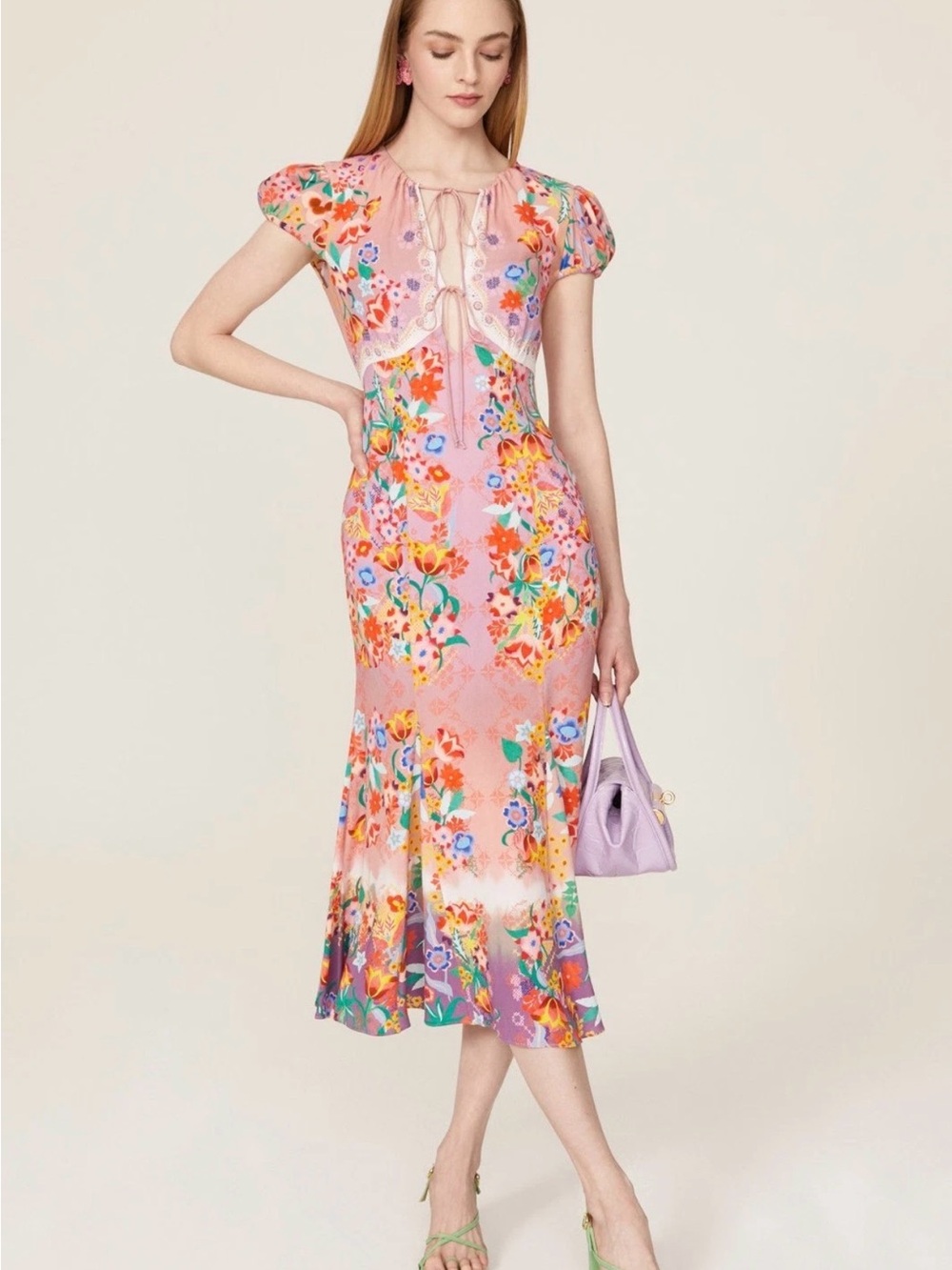 SALONI Pink Floral Tie-Front Midi Dress